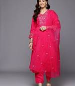 Floral Embroidered Thread Work Pure Cotton Kurta With Trousers & Dupatta