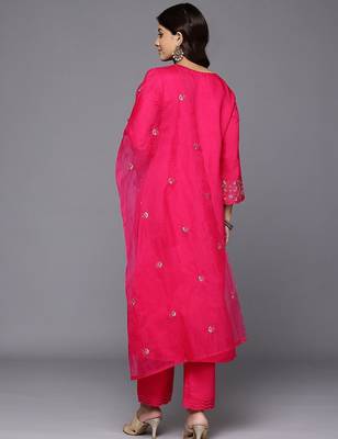 Floral Embroidered Thread Work Pure Cotton Kurta With Trousers & Dupatta 7