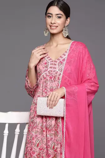 Women Floral Printed Empire Pure Cotton Kurta with Trousers & With Dupatta