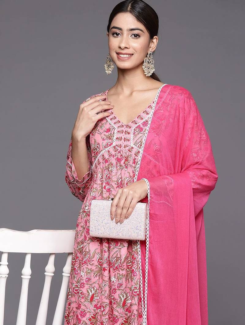 Women Floral Printed Empire Pure Cotton Kurta with Trousers & With Dupatta