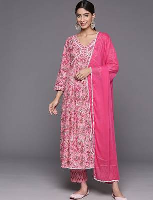 Women Floral Printed Empire Pure Cotton Kurta with Trousers & With Dupatta 1