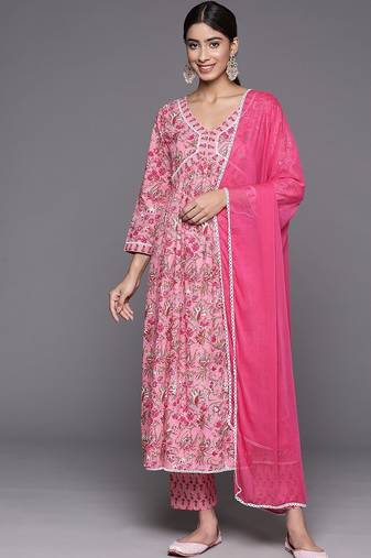 Women Floral Printed Empire Pure Cotton Kurta with Trousers & With Dupatta