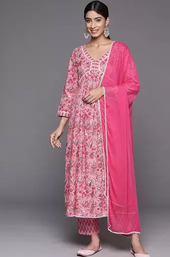 Women Floral Printed Empire Pure Cotton Kurta with Trousers & With Dupatta