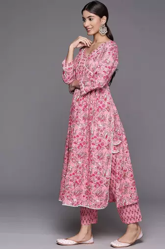 Women Floral Printed Empire Pure Cotton Kurta with Trousers & With Dupatta