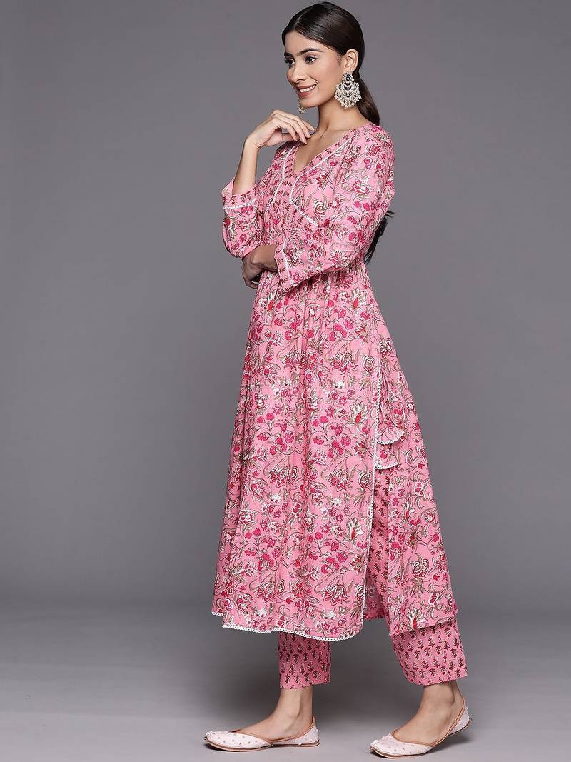 Women Floral Printed Empire Pure Cotton Kurta with Trousers & With Dupatta