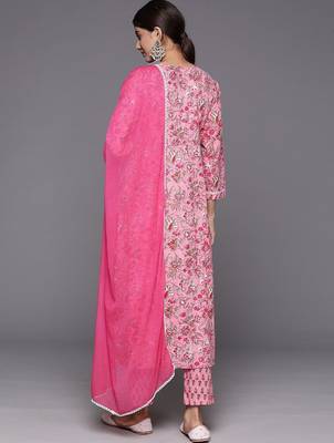 Women Floral Printed Empire Pure Cotton Kurta with Trousers & With Dupatta 6