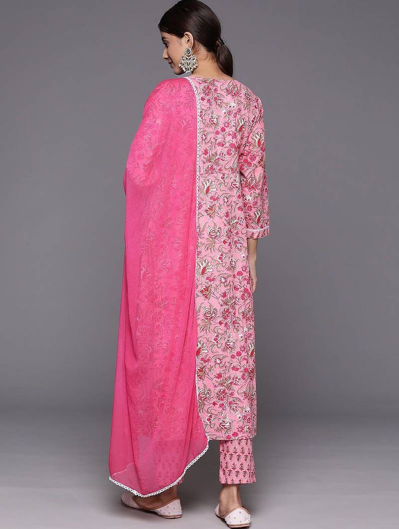 Women Floral Printed Empire Pure Cotton Kurta with Trousers & With Dupatta