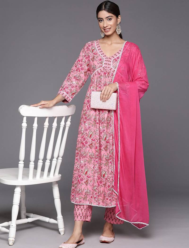 Women Floral Printed Empire Pure Cotton Kurta with Trousers & With Dupatta