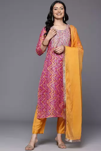 Chevron Print Zari Embroidered Kurta with Trousers & With Dupatta