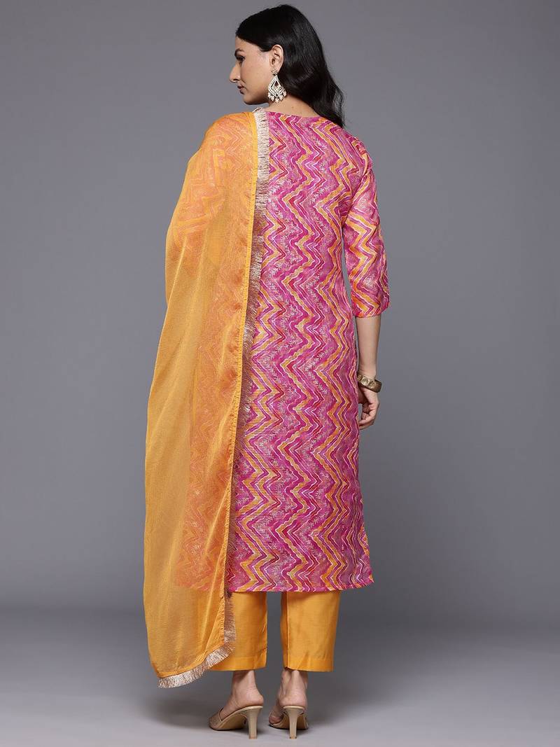 Chevron Print Zari Embroidered Kurta with Trousers & With Dupatta