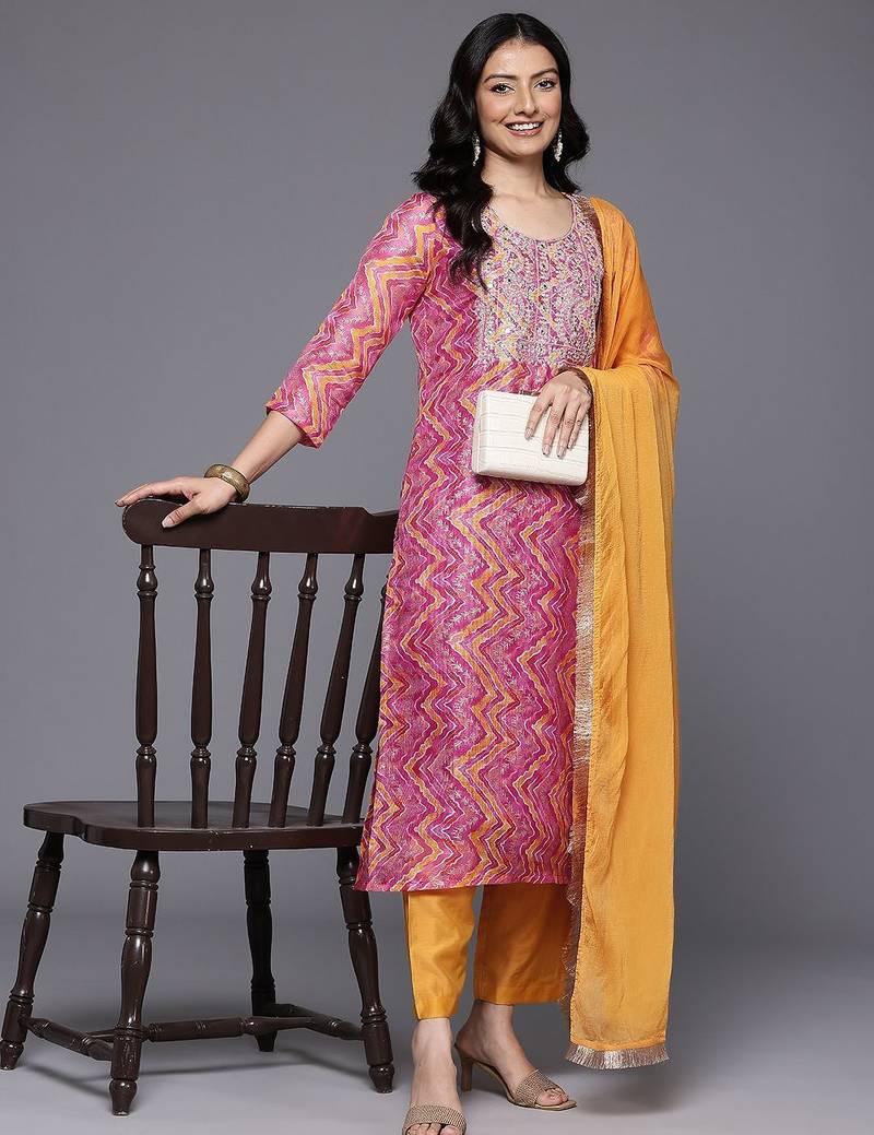 Chevron Print Zari Embroidered Kurta with Trousers & With Dupatta