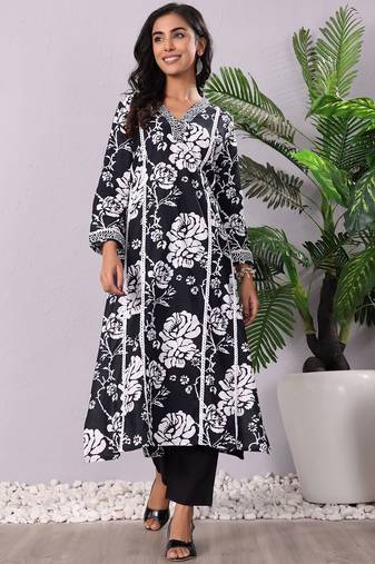 Floral Printed V-Neck Pure Cotton Kurta With Trousers