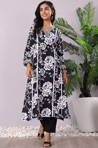 Floral Printed V-Neck Pure Cotton Kurta With Trousers