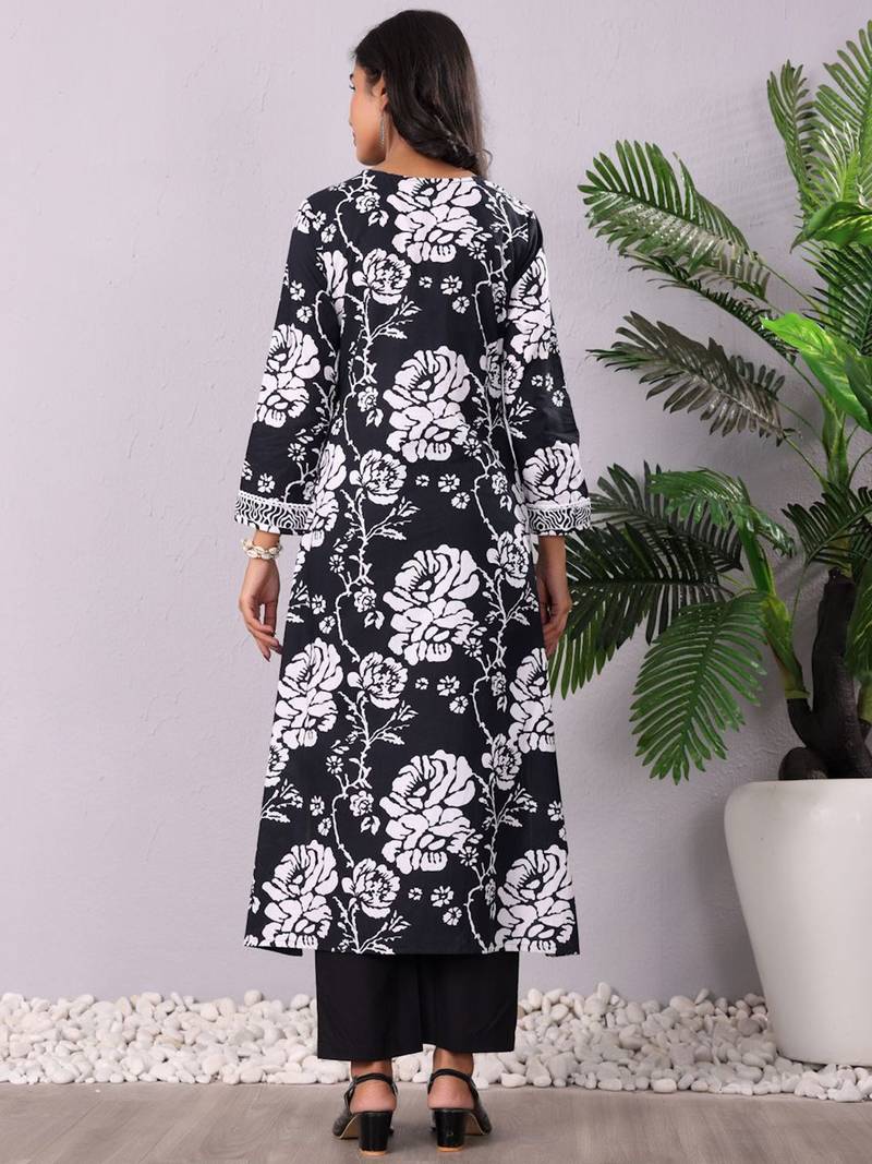 Floral Printed V-Neck Pure Cotton Kurta With Trousers