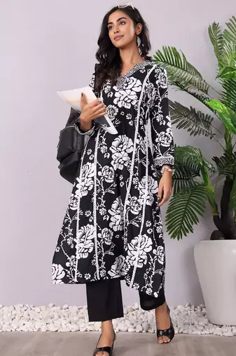 Floral Printed V-Neck Pure Cotton Kurta With Trousers