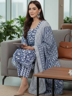 Women Ethnic Motifs Printed Regular Pure Cotton Kurta with Trousers & With Dupatta 4