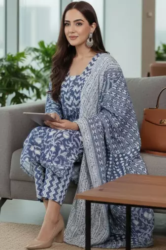 Women Ethnic Motifs Printed Regular Pure Cotton Kurta with Trousers & With Dupatta