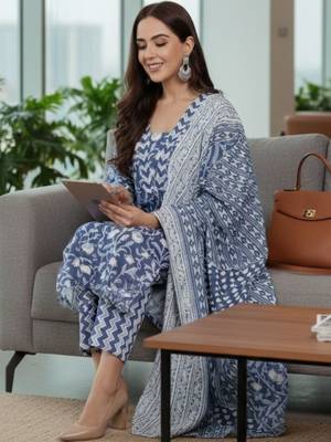 Women Ethnic Motifs Printed Regular Pure Cotton Kurta with Trousers & With Dupatta 7