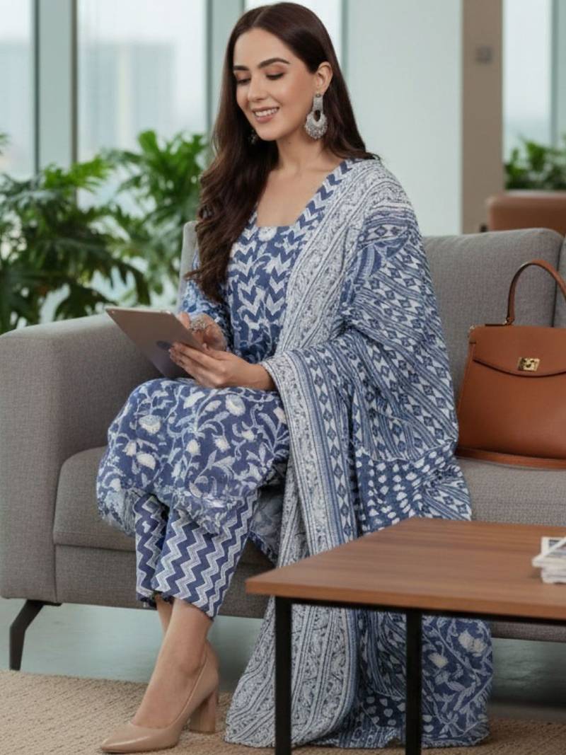 Women Ethnic Motifs Printed Regular Pure Cotton Kurta with Trousers & With Dupatta