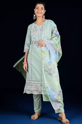 Women Floral Embroidered Cotton Kurta with Trousers & Dupatta