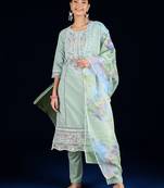 Women Floral Embroidered Cotton Kurta with Trousers & Dupatta