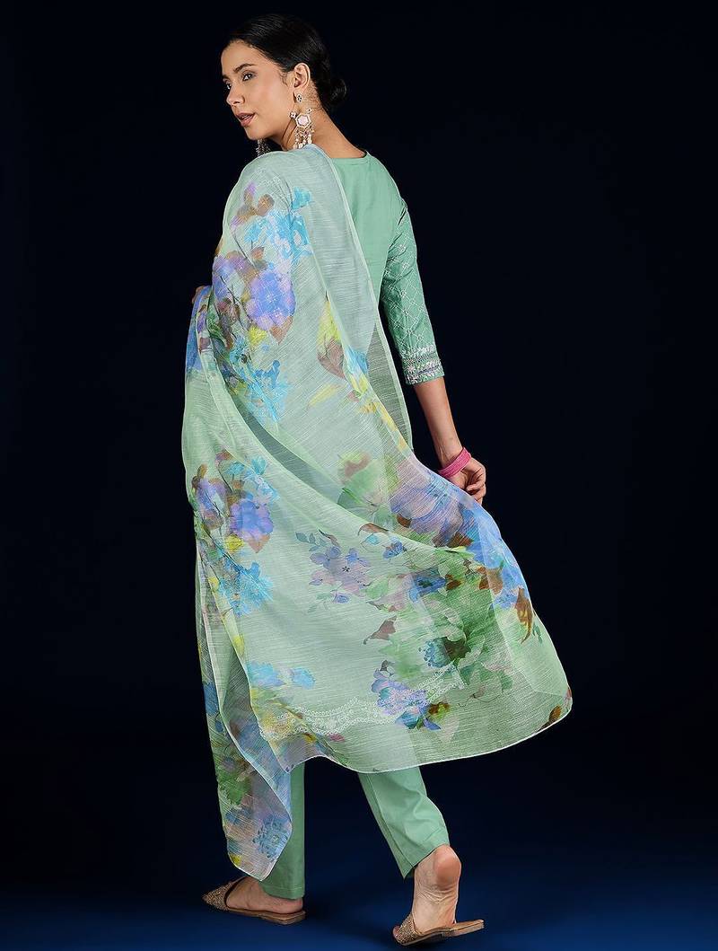 Women Floral Embroidered Cotton Kurta with Trousers & Dupatta