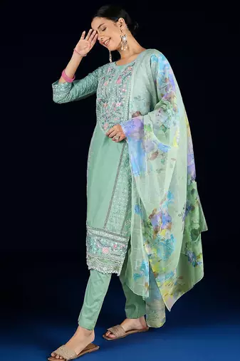 Women Floral Embroidered Cotton Kurta with Trousers & Dupatta