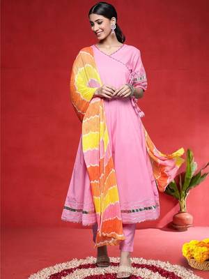 Angrakha V-Neck Gotta Patti Pure Cotton Kurta With Trousers & Dupatta 1