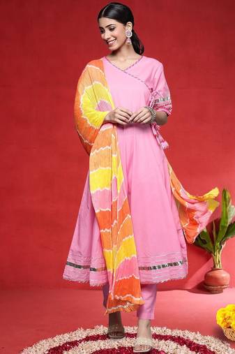 Angrakha V-Neck Gotta Patti Pure Cotton Kurta With Trousers & Dupatta