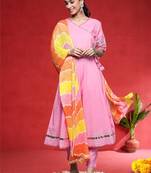 Angrakha V-Neck Gotta Patti Pure Cotton Kurta With Trousers & Dupatta