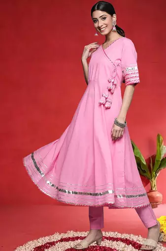 Angrakha V-Neck Gotta Patti Pure Cotton Kurta With Trousers & Dupatta
