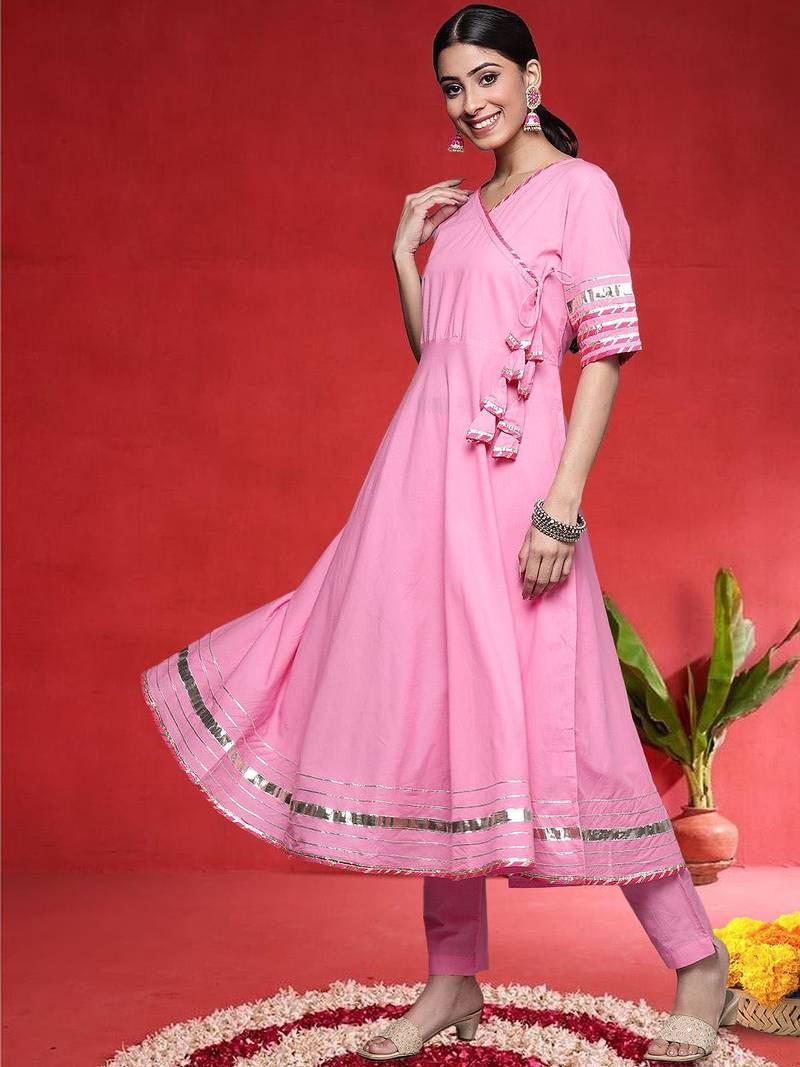 Angrakha V-Neck Gotta Patti Pure Cotton Kurta With Trousers & Dupatta