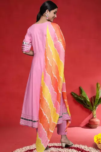Angrakha V-Neck Gotta Patti Pure Cotton Kurta With Trousers & Dupatta