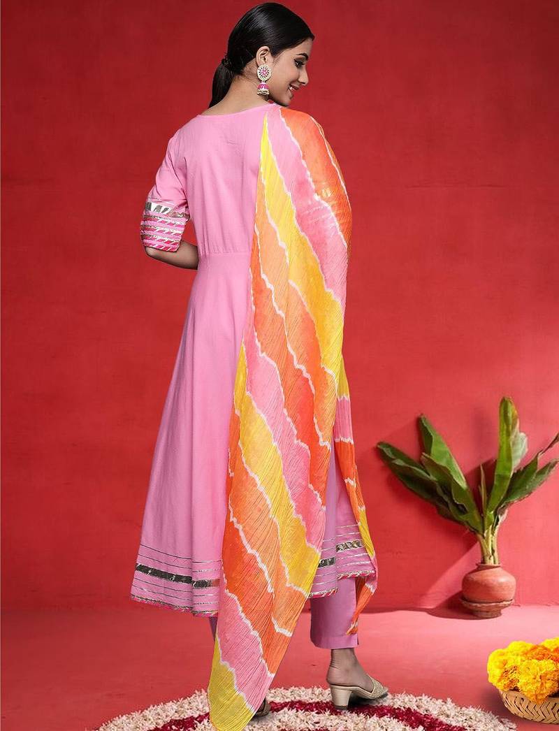 Angrakha V-Neck Gotta Patti Pure Cotton Kurta With Trousers & Dupatta