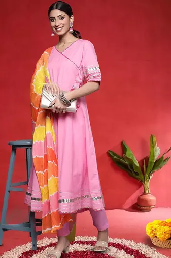 Angrakha V-Neck Gotta Patti Pure Cotton Kurta With Trousers & Dupatta