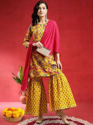 Women Floral Printed Gotta Patti Pure Cotton Kurta with Sharara & Dupatta 1