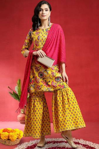 Women Floral Printed Gotta Patti Pure Cotton Kurta with Sharara & Dupatta