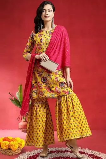 Women Floral Printed Gotta Patti Pure Cotton Kurta with Sharara & Dupatta