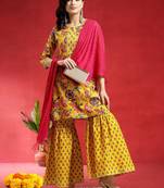 Women Floral Printed Gotta Patti Pure Cotton Kurta with Sharara & Dupatta