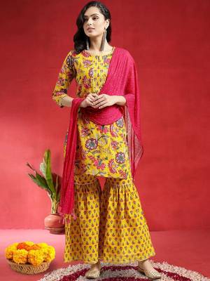 Women Floral Printed Gotta Patti Pure Cotton Kurta with Sharara & Dupatta 3