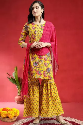 Women Floral Printed Gotta Patti Pure Cotton Kurta with Sharara & Dupatta