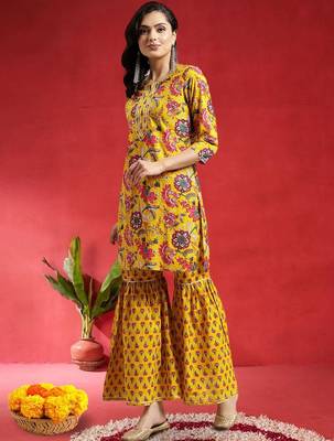 Women Floral Printed Gotta Patti Pure Cotton Kurta with Sharara & Dupatta 4