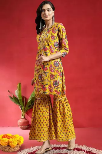 Women Floral Printed Gotta Patti Pure Cotton Kurta with Sharara & Dupatta