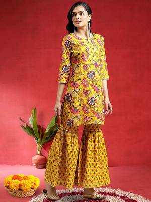 Women Floral Printed Gotta Patti Pure Cotton Kurta with Sharara & Dupatta 5