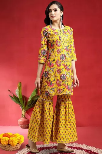 Women Floral Printed Gotta Patti Pure Cotton Kurta with Sharara & Dupatta