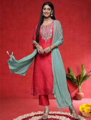 Floral Embroidered Straight Sequinned Kurta With Trousers & With Dupatta 1