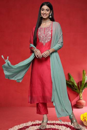 Floral Embroidered Straight Sequinned Kurta With Trousers & With Dupatta