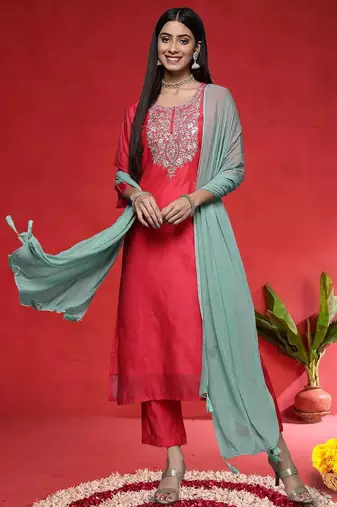 Floral Embroidered Straight Sequinned Kurta With Trousers & With Dupatta