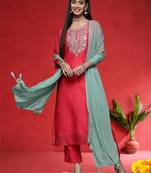 Floral Embroidered Straight Sequinned Kurta With Trousers & With Dupatta