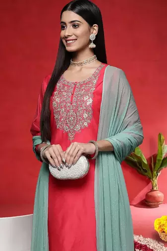Floral Embroidered Straight Sequinned Kurta With Trousers & With Dupatta